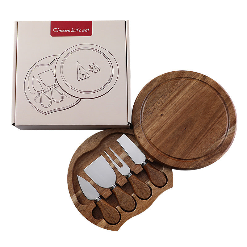 Acacia Wood Cheese Knife Set with Round Storage Box | Gift Box