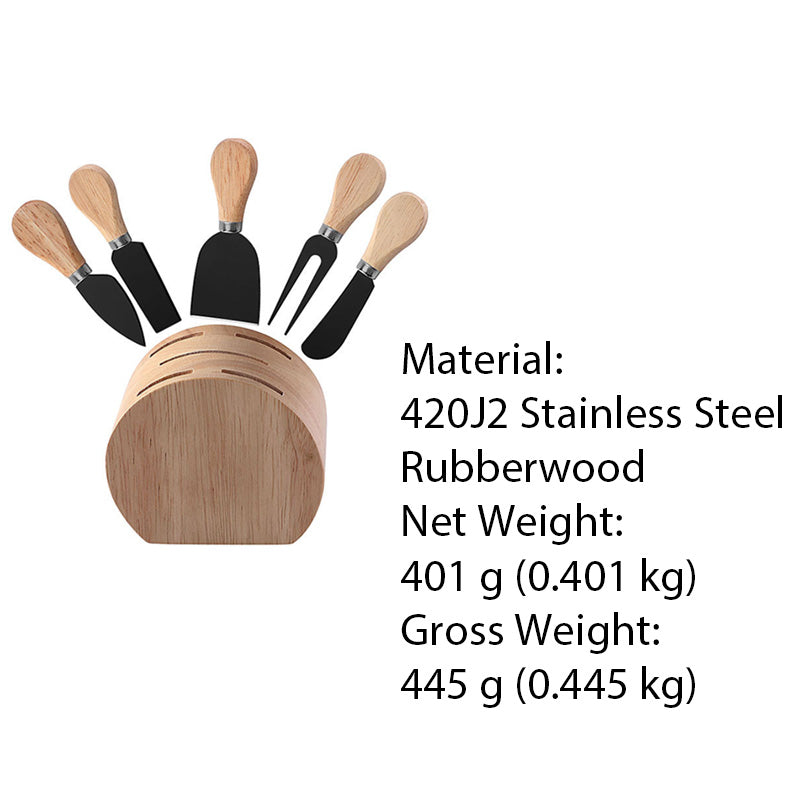 5-Piece Cheese Knife Set with Rubberwood Handle & Storage Block