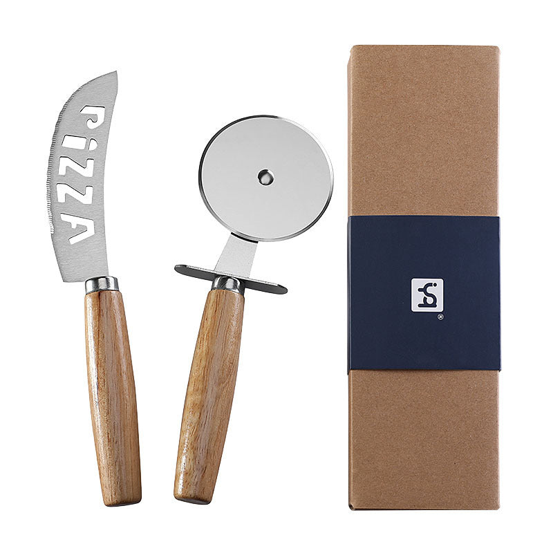 Pizza Knife & Wheel Cutter Set with Rubber Wood Handle