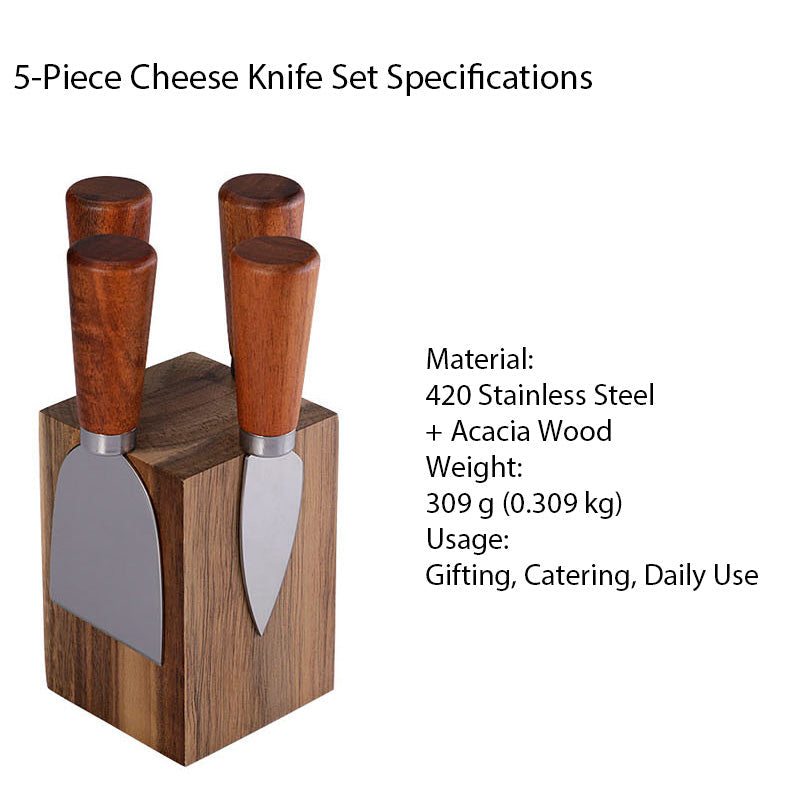 5-Piece Cheese Knife Set with Tapered Acacia Wood Handles & Block