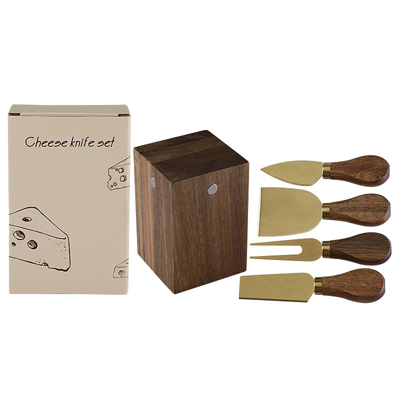 5-Piece Cheese Knife Set with Teardrop Acacia Wood Handles & Block