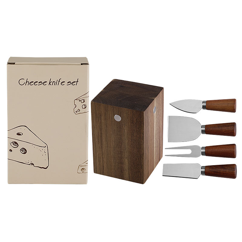 5-Piece Cheese Knife Set with Tapered Acacia Wood Handles & Block
