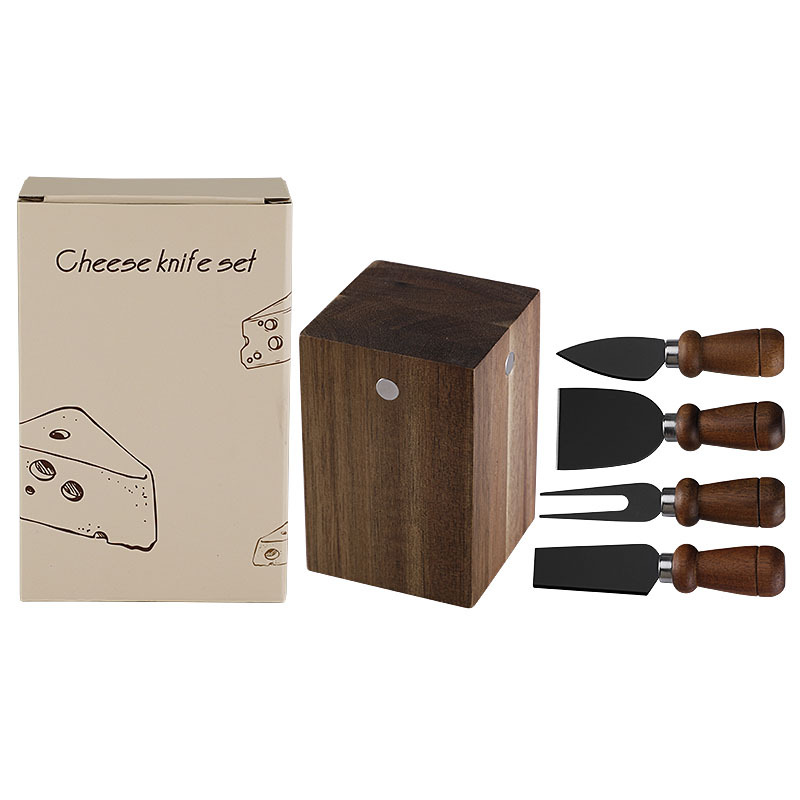 5-Piece Cheese Knife Set with Mushroom Acacia Wood Handles & Block