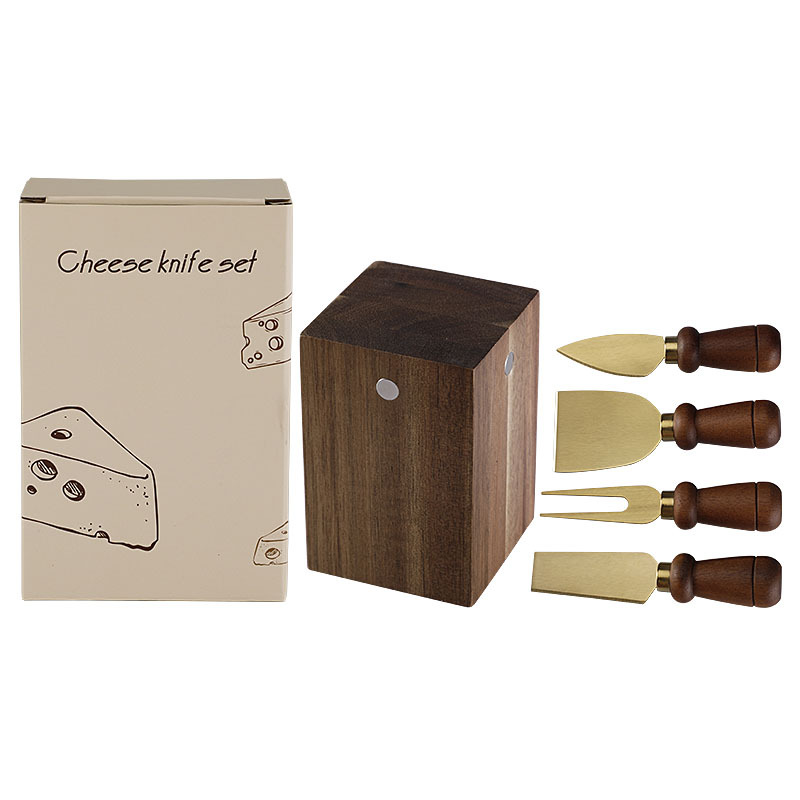 5-Piece Cheese Knife Set with Mushroom Acacia Wood Handles & Block