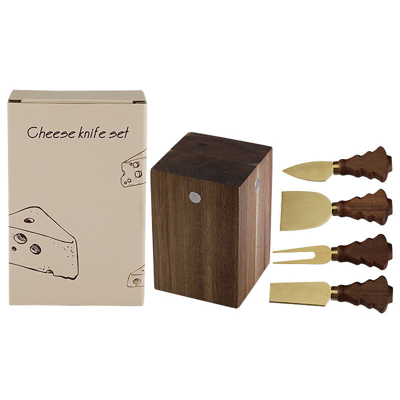 5-Piece Christmas Tree Acacia Wood Cheese Knife Set with Magnetic Block
