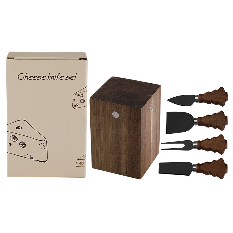5-Piece Christmas Tree Acacia Wood Cheese Knife Set with Magnetic Block