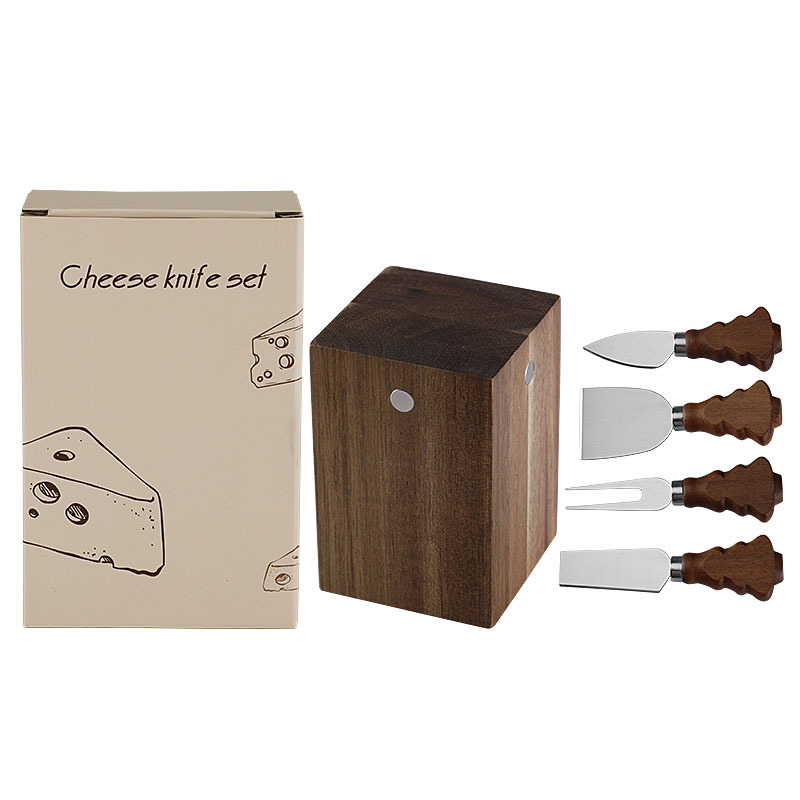 5-Piece Christmas Tree Acacia Wood Cheese Knife Set with Magnetic Block