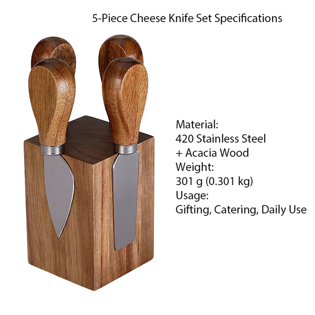 5-Piece Cheese Knife Set with Teardrop Acacia Wood Handles & Block