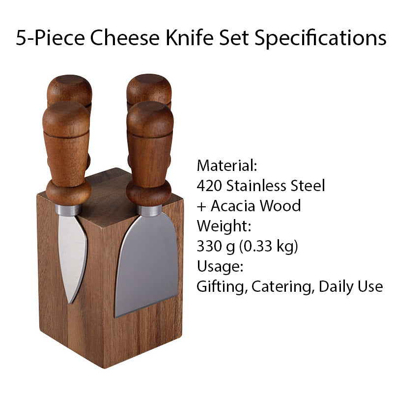 5-Piece Cheese Knife Set with Mushroom Acacia Wood Handles & Block