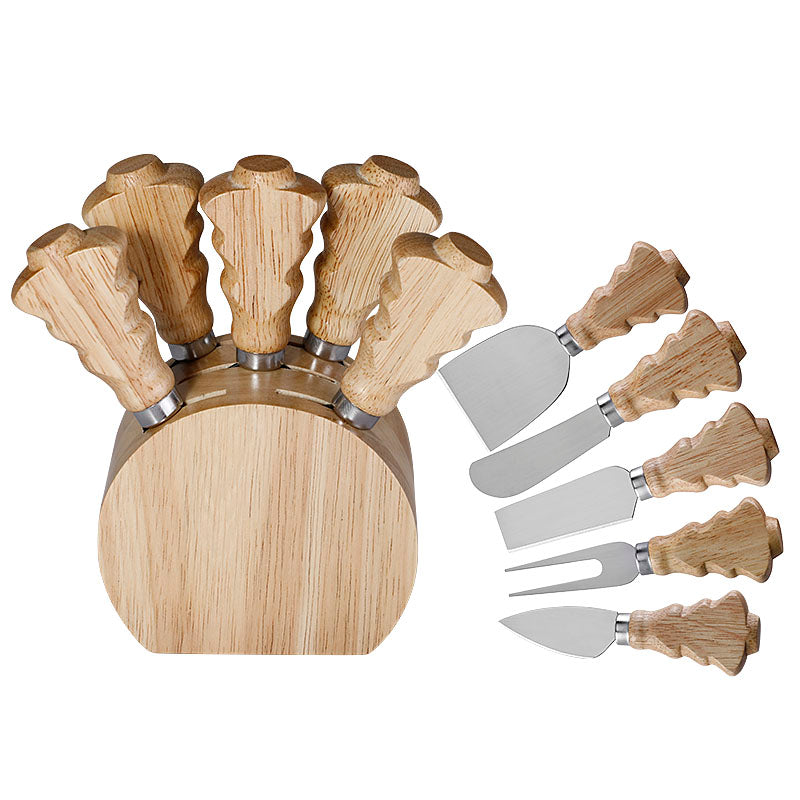 5-Piece Cheese Knife Set with Rubber Wood Stand
