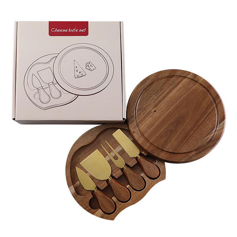 Acacia Wood Cheese Knife Set with Round Storage Box | Gift Box
