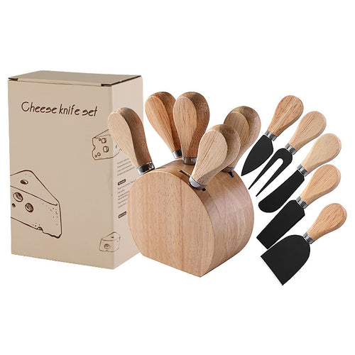 5-Piece Cheese Knife Set with Rubberwood Handle & Storage Block