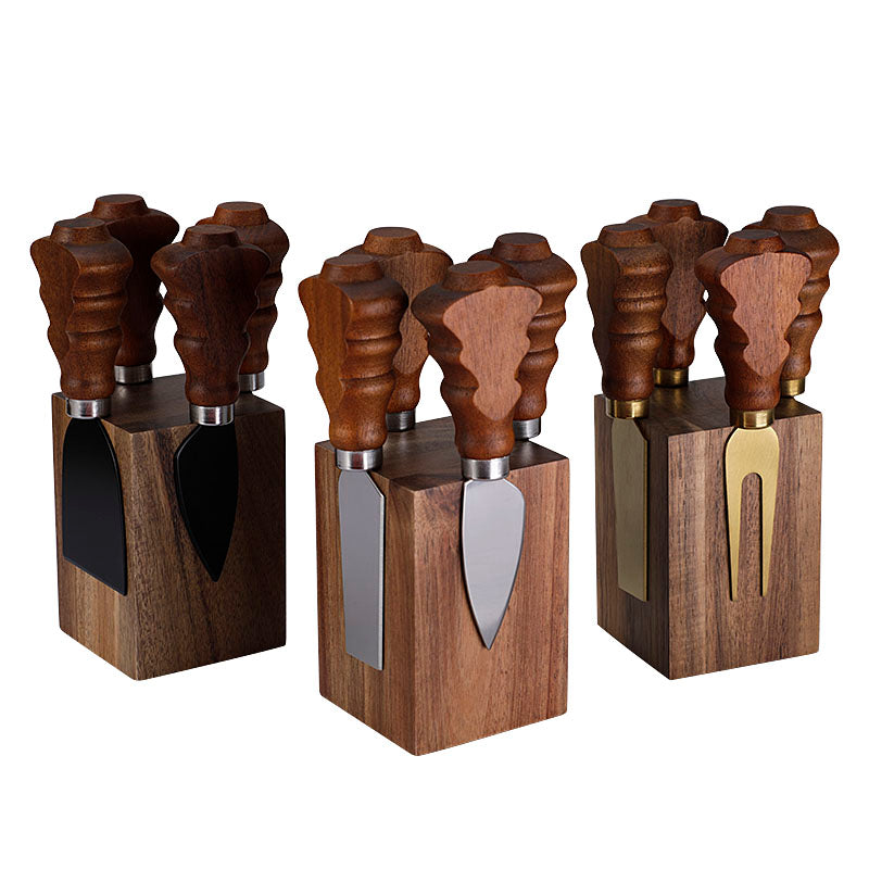 5-Piece Christmas Tree Acacia Wood Cheese Knife Set with Magnetic Block