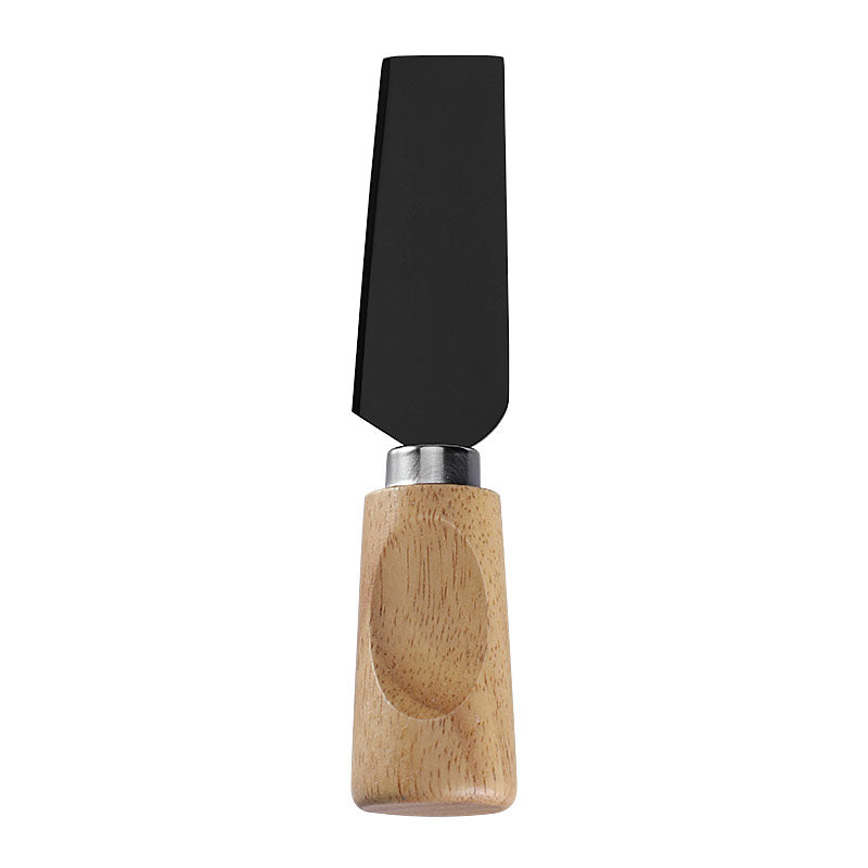 RU9S4>Angled Wide-Blade Cheese Knife with Stainless Steel Blade & Single-Groove Square Rubberwood Handle