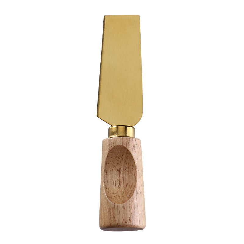 RU9S4>Angled Wide-Blade Cheese Knife with Stainless Steel Blade & Single-Groove Square Rubberwood Handle
