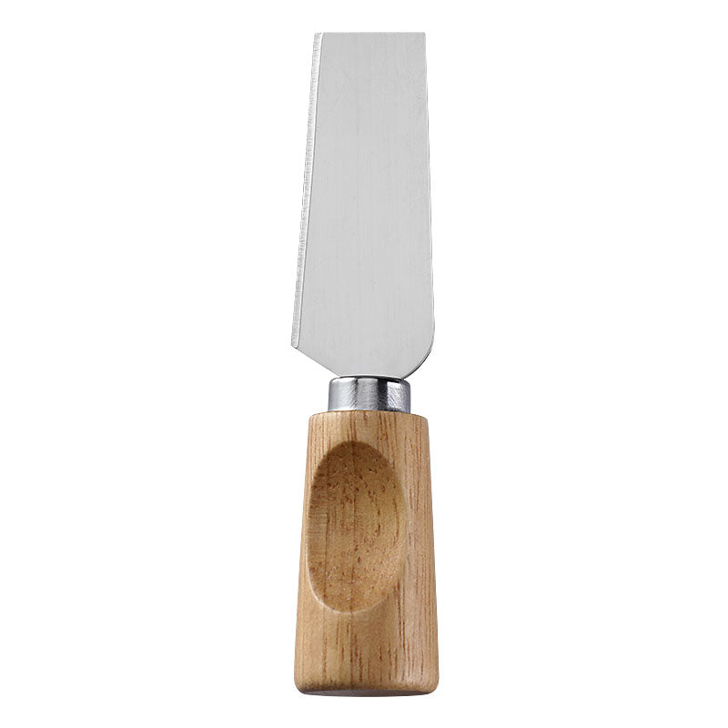 RU9S4>Angled Wide-Blade Cheese Knife with Stainless Steel Blade & Single-Groove Square Rubberwood Handle