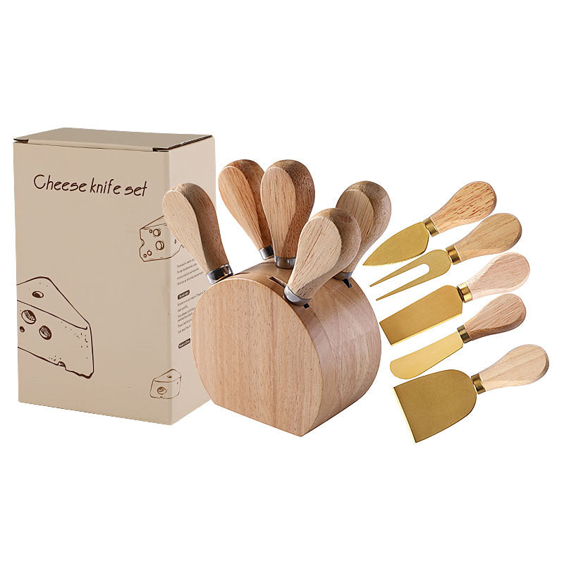 5-Piece Cheese Knife Set with Rubberwood Handle & Storage Block