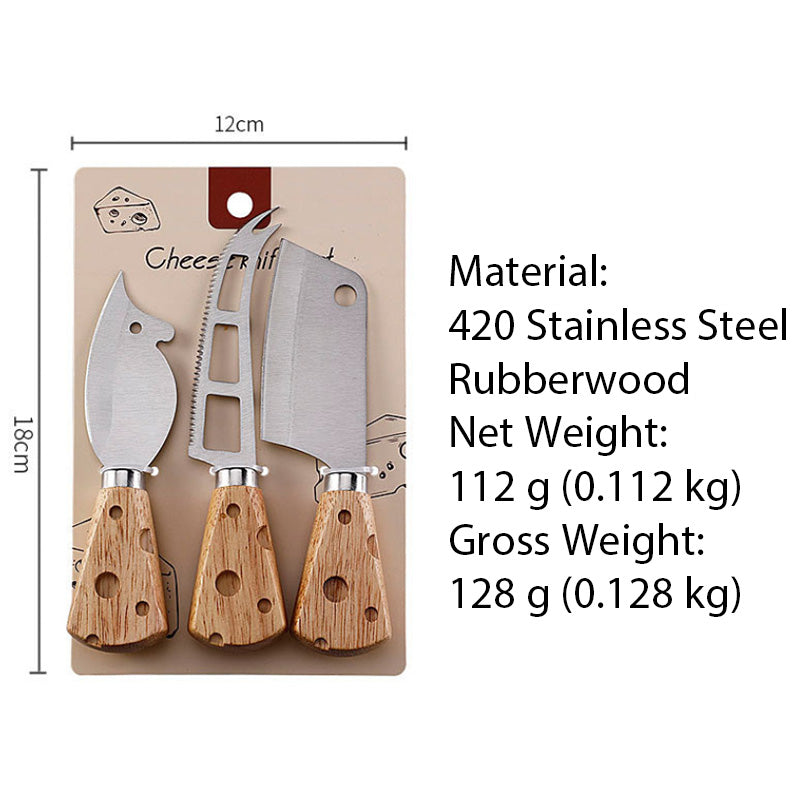 3-Piece Cheese Knife Set | Cheese-Shaped Rubberwood Handle