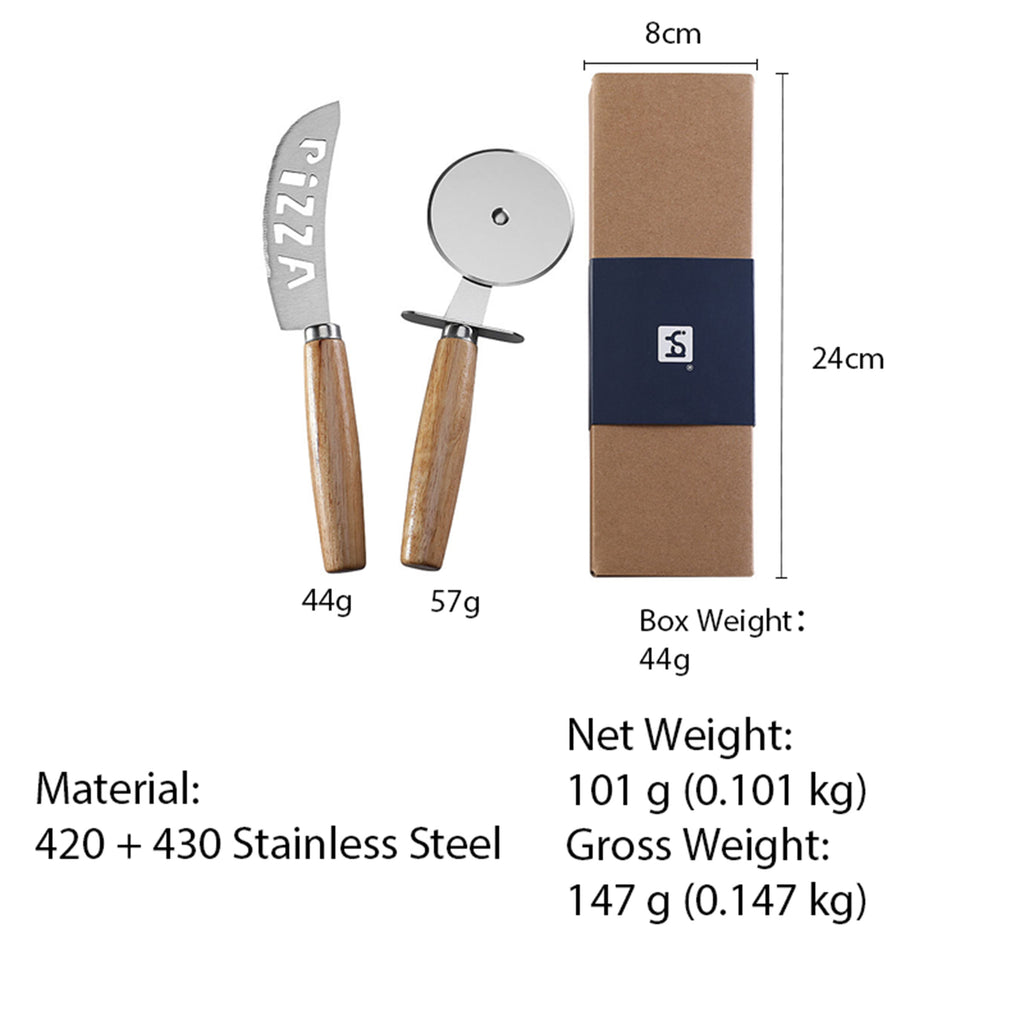 Pizza Knife & Wheel Cutter Set with Rubber Wood Handle