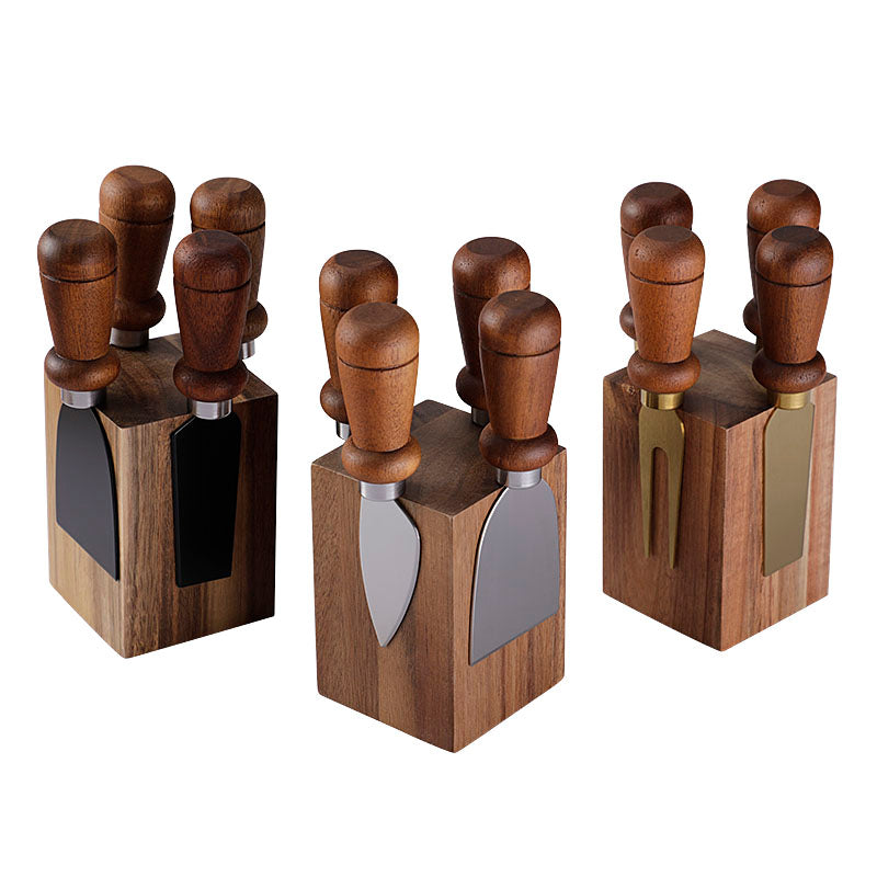 5-Piece Cheese Knife Set with Mushroom Acacia Wood Handles & Block