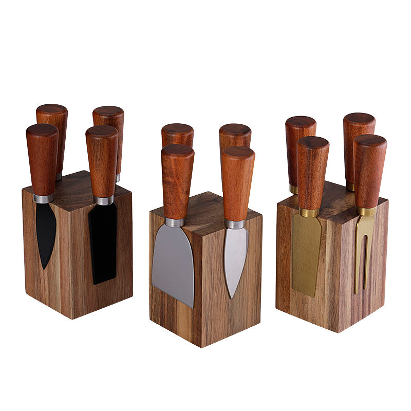 5-Piece Cheese Knife Set with Tapered Acacia Wood Handles & Block