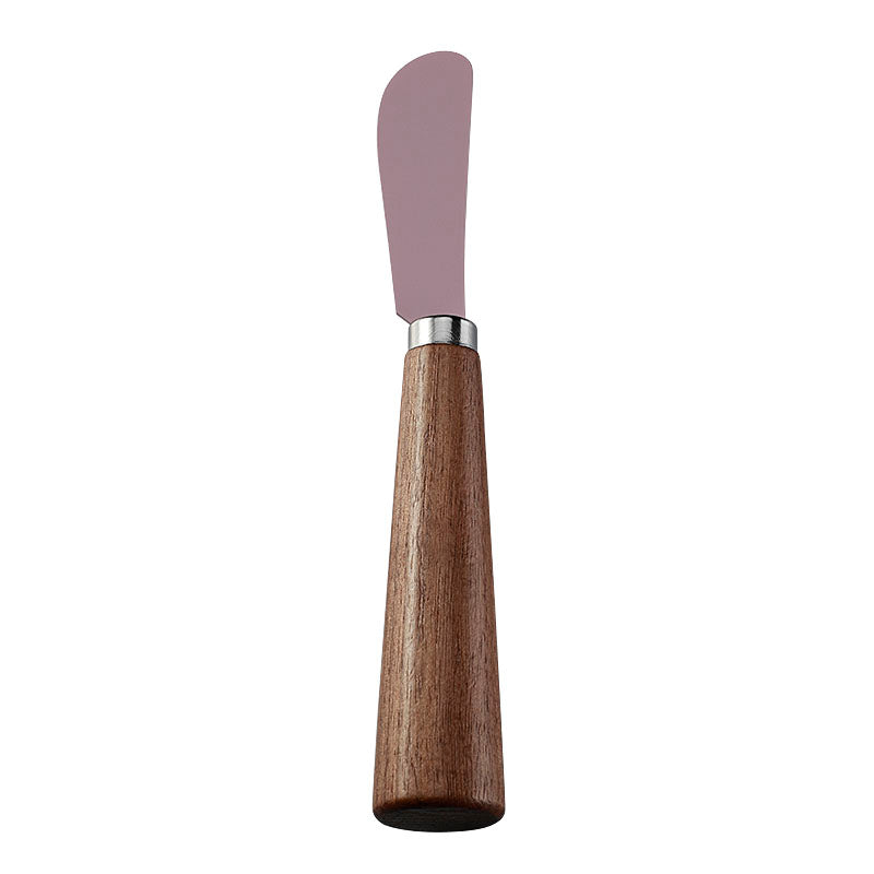Curved Cheese Spreader with Pink Coated Blade & Walnut Tapered Handle