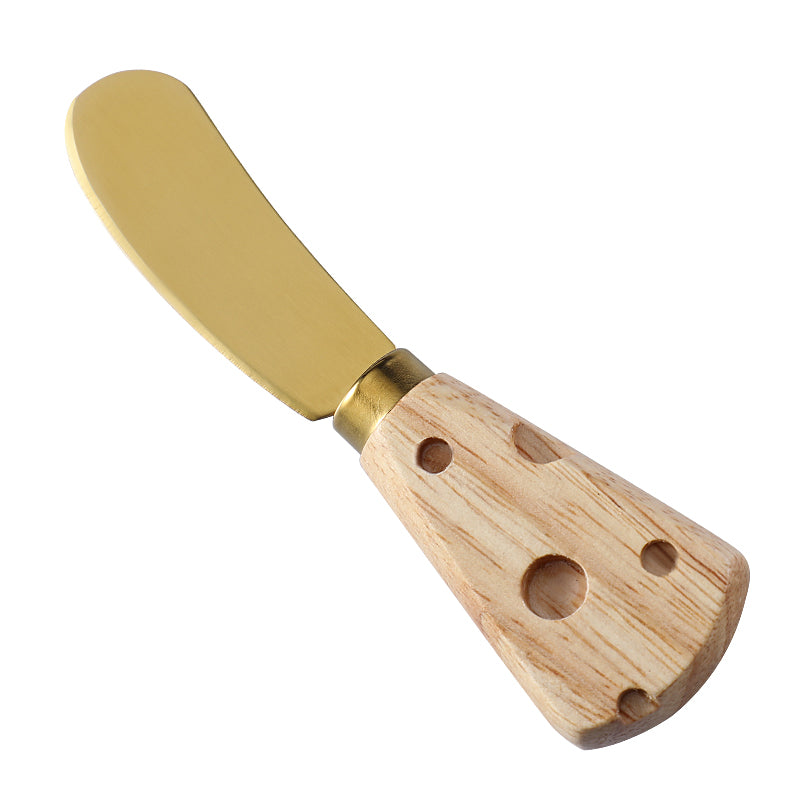 Wide Round-Tip Cheese Spreader with Cheese-Shaped Holey Rubberwood Handle