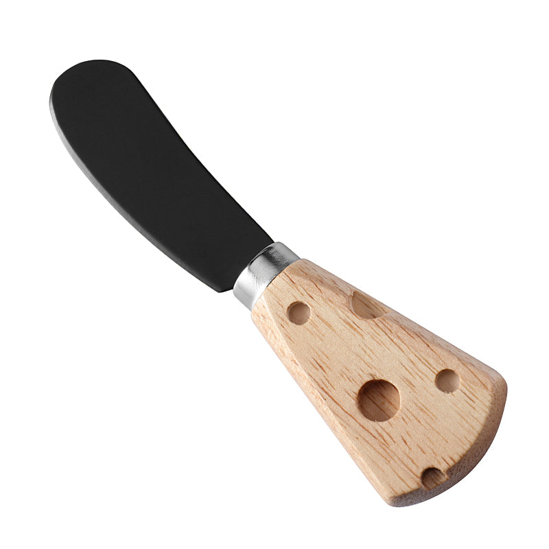 Wide Round-Tip Cheese Spreader with Cheese-Shaped Holey Rubberwood Handle