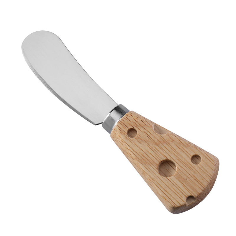 Wide Round-Tip Cheese Spreader with Cheese-Shaped Holey Rubberwood Handle