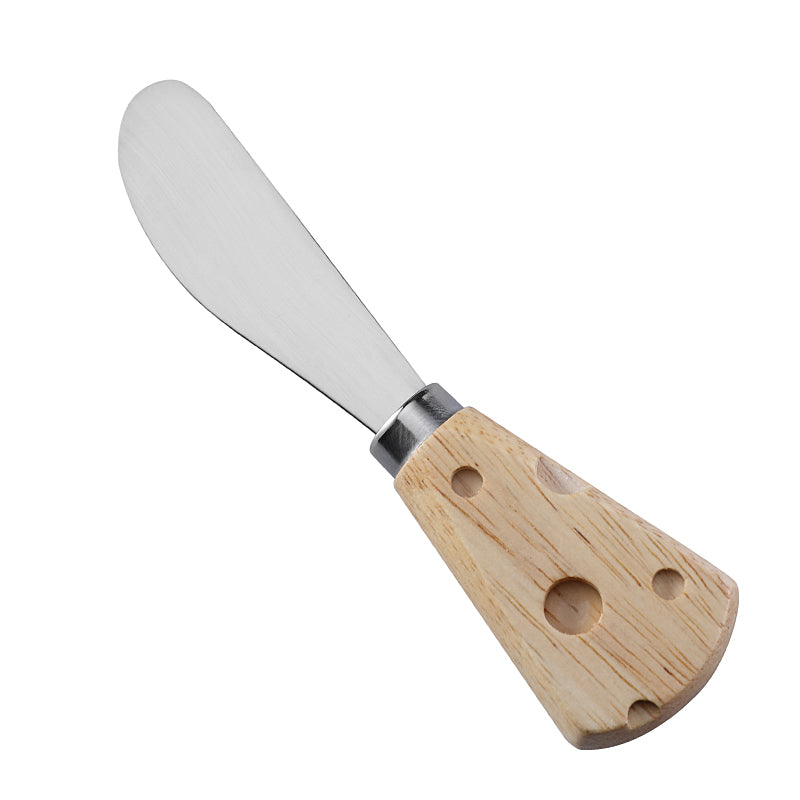 RU4S9>Round-Tip Cheese Spreader with Cheese-Shaped Holey Rubberwood Handle