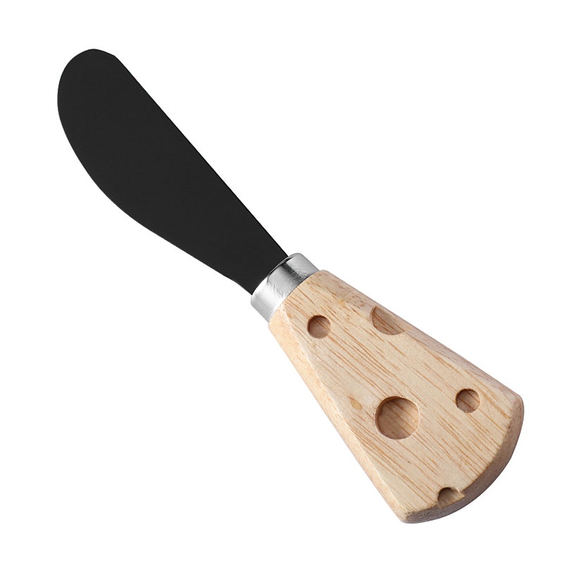 RU4S9>Round-Tip Cheese Spreader with Cheese-Shaped Holey Rubberwood Handle