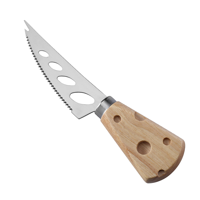 Serrated Soft Cheese Knife with Cheese-Shaped Holey Rubberwood Handle