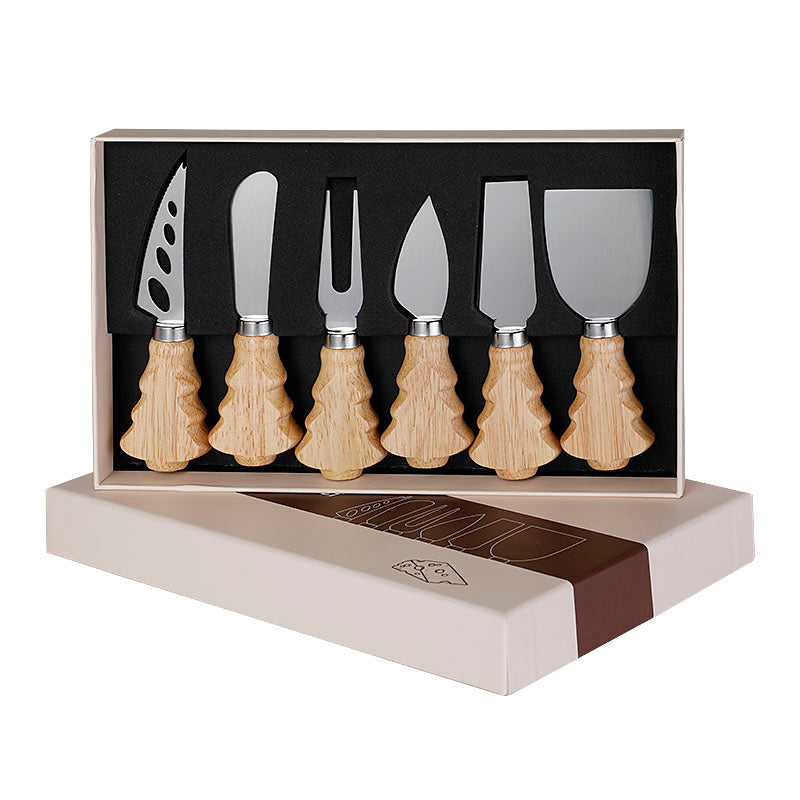6-Piece Christmas Tree Cheese Knife Set with Rubberwood Handles