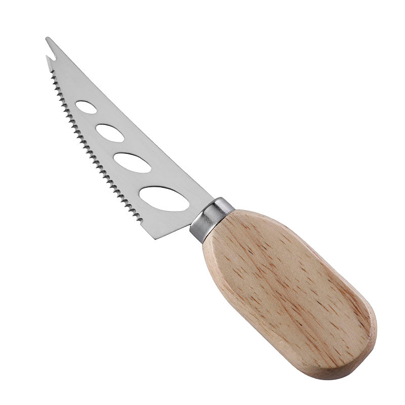 Three-Hole Double-Serrated Soft Cheese Knife with Stainless Steel Blade & Flat Oval Rubberwood Handle