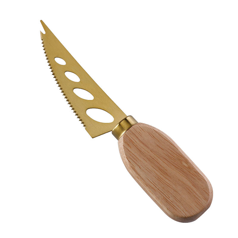 Three-Hole Double-Serrated Soft Cheese Knife with Stainless Steel Blade & Flat Oval Rubberwood Handle