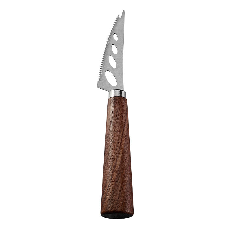 Three-Hole Serrated Soft Cheese Knife with Fork Tip, Brushed Satin Stainless Steel & Walnut Tapered Handle