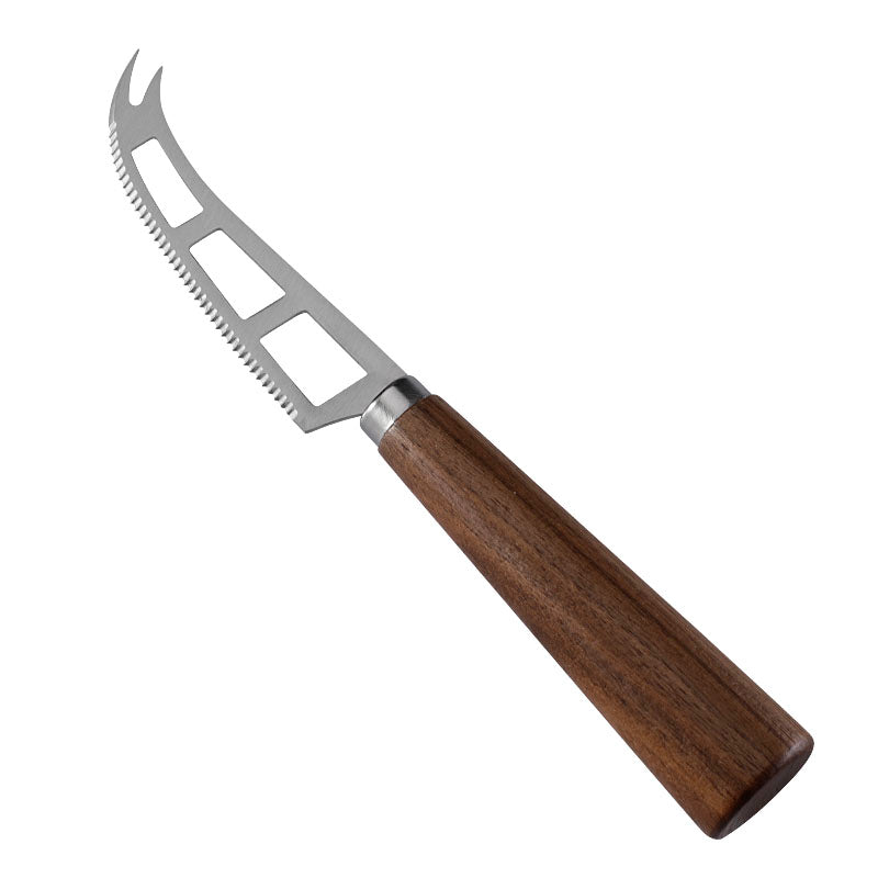 Two-Slot Serrated Soft Cheese Knife with Fork Tip, Stainless Steel & Walnut Cylindrical Handle
