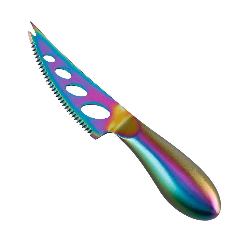 Full-Tang Three-Hole Serrated Soft Cheese Knife with Fork Tip, Rainbow Titanium Stainless Steel, Teardrop Handle