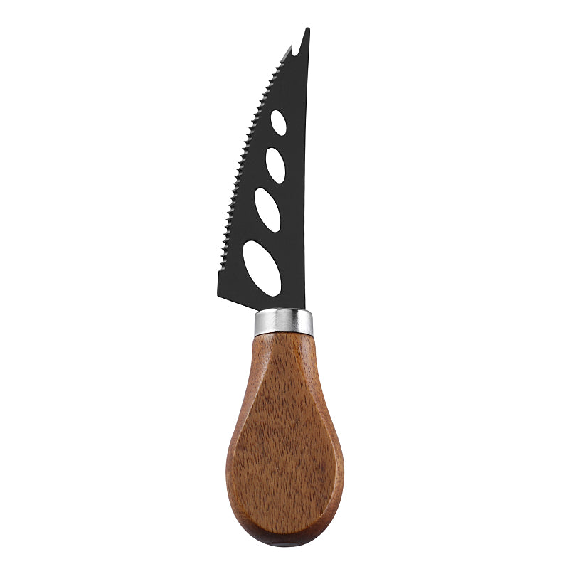Three-Hole Serrated Soft Cheese Knife with Fork Tip, Stainless Steel & Acacia Flat Handle