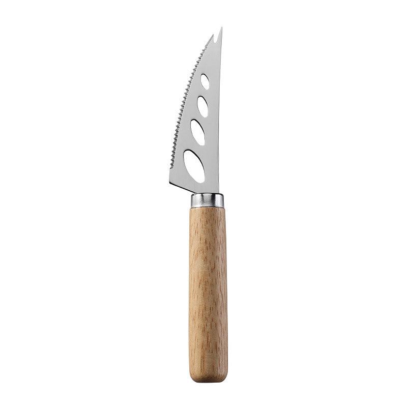 Three-Hole Serrated Soft Cheese Knife with Stainless Steel Blade & Round Rubberwood Handle