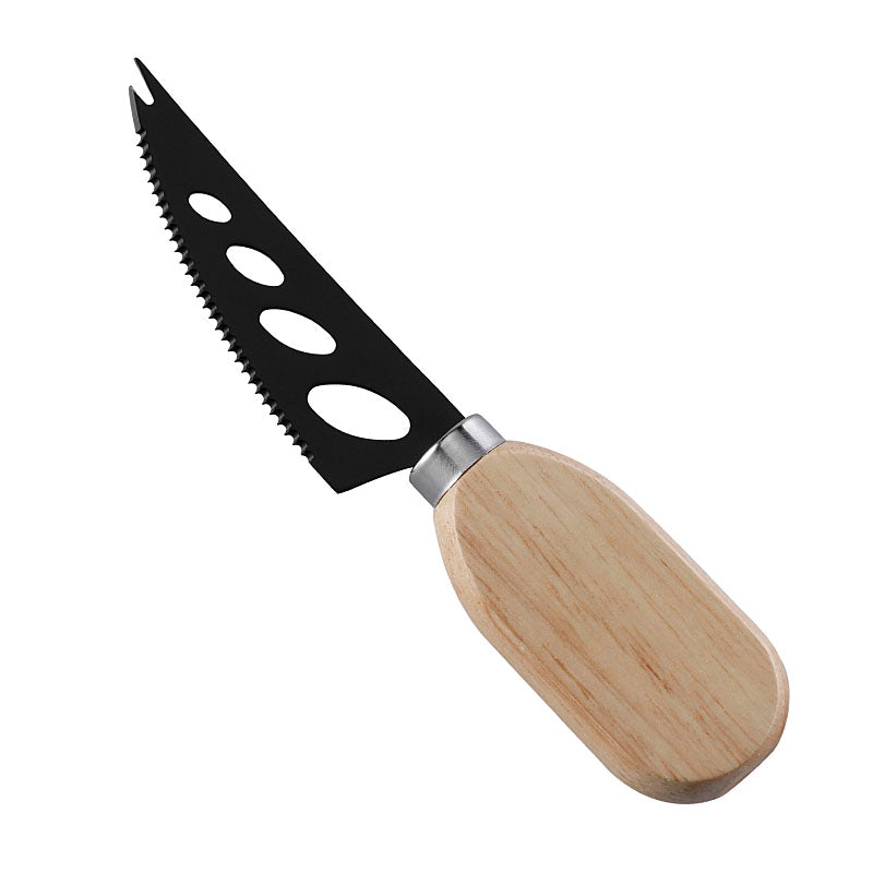 Three-Hole Double-Serrated Soft Cheese Knife with Stainless Steel Blade & Flat Oval Rubberwood Handle