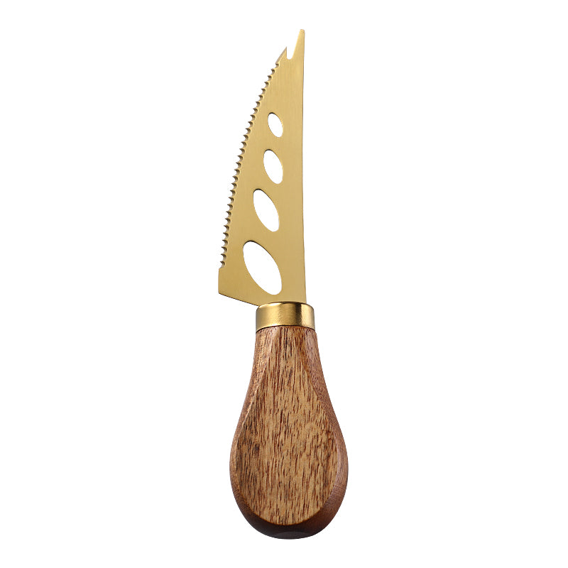 Three-Hole Serrated Soft Cheese Knife with Fork Tip, Stainless Steel & Acacia Flat Handle