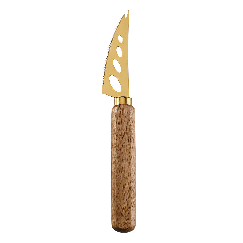 Three-Hole Serrated Soft Cheese Knife with Fork Tip, Stainless Steel & Acacia Flat Handle