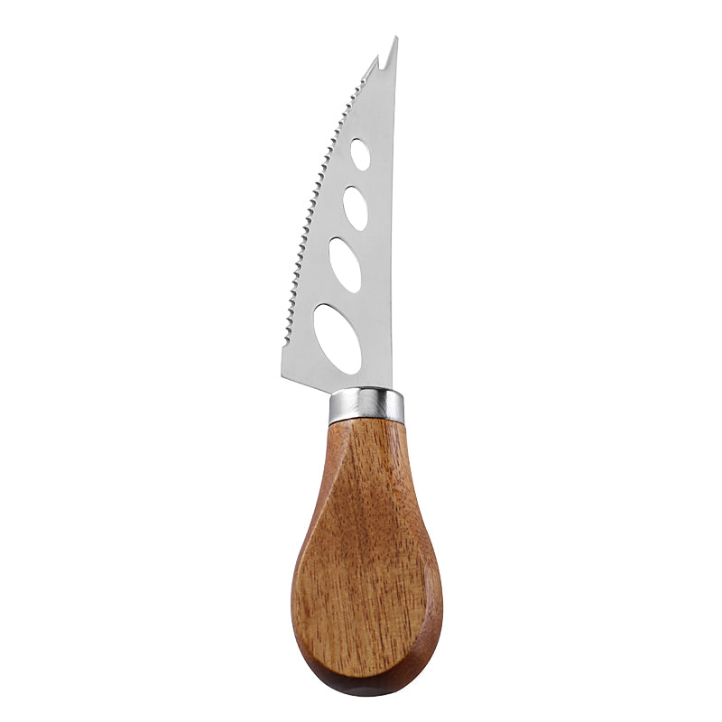 Three-Hole Serrated Soft Cheese Knife with Fork Tip, Stainless Steel & Acacia Flat Handle