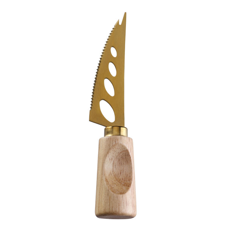 Three-Hole Serrated Soft Cheese Knife with Stainless Steel Blade & Single-Groove Square Rubberwood Handle