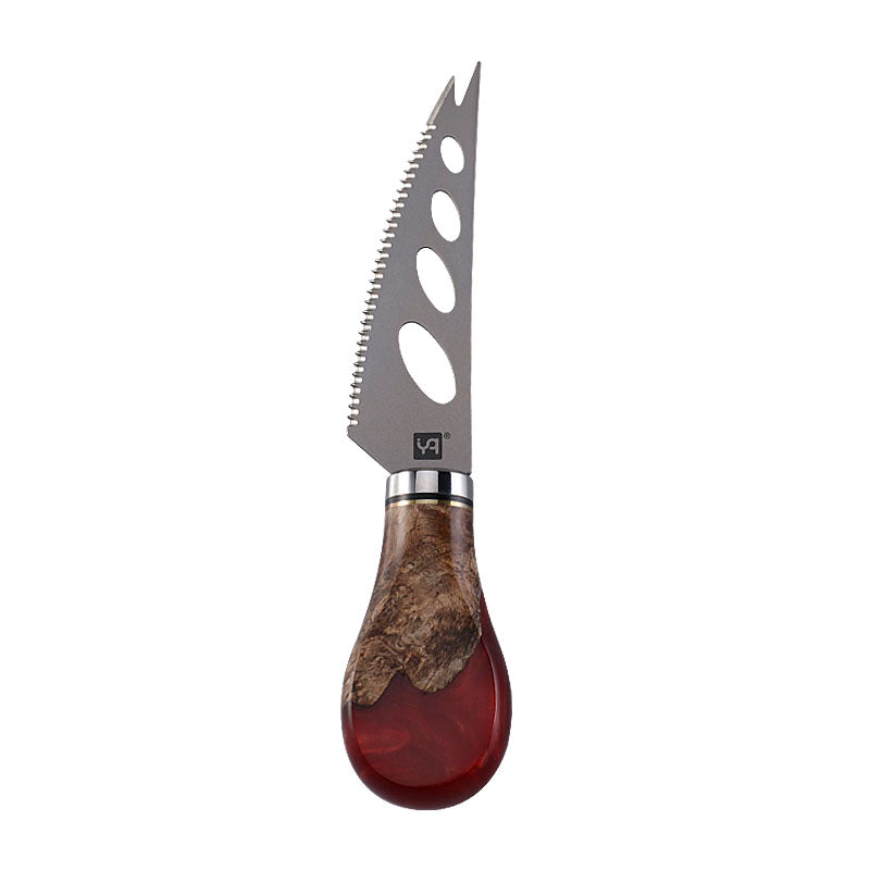 Titanium Soft Cheese Knife with Burl Wood & Red Resin Handle