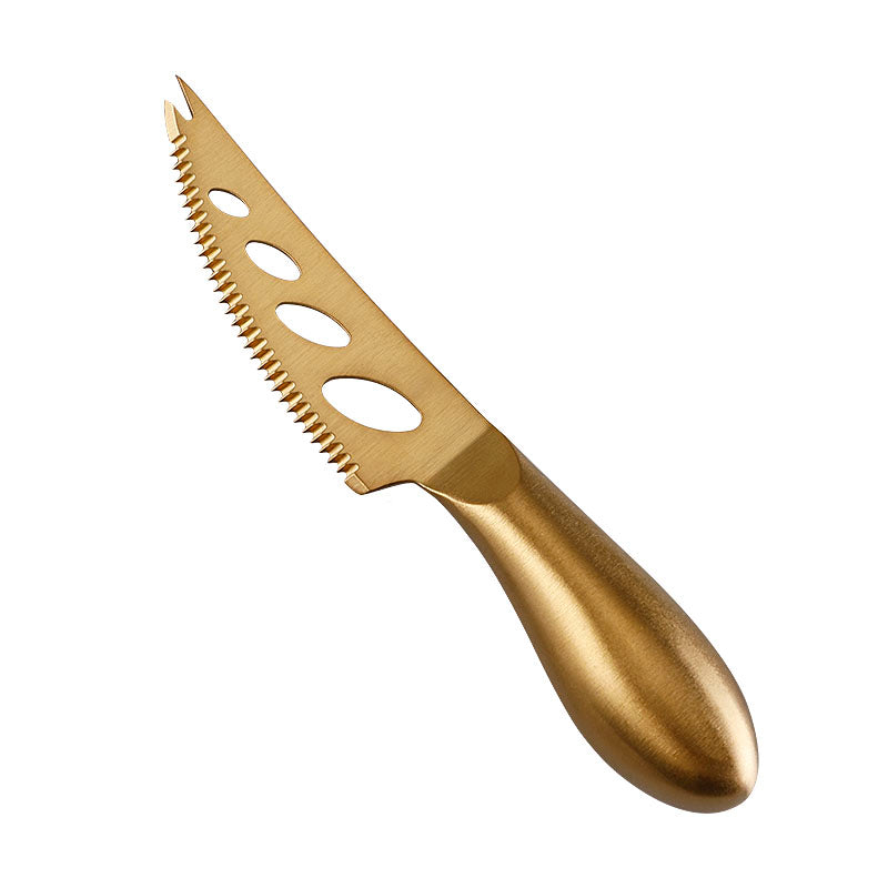 Full-Tang Three-Hole Serrated Soft Cheese Knife with Fork Tip, Brushed Stainless Steel, Hollow Teardrop Handle