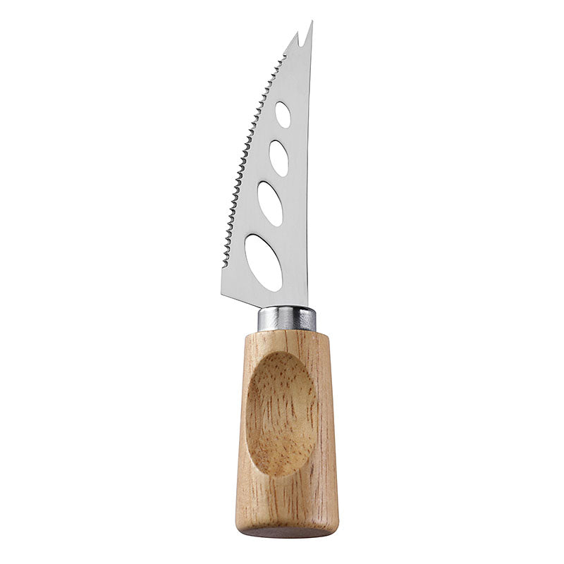 Three-Hole Serrated Soft Cheese Knife with Stainless Steel Blade & Single-Groove Square Rubberwood Handle